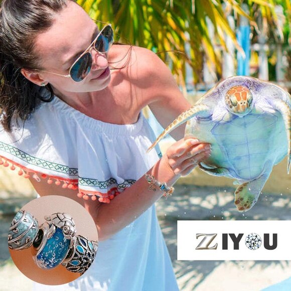 Sea Turtle Charm Sterling Silver with Blue Glass Beads Fit Pandora Ocean Bracele - Picture 7 of 7